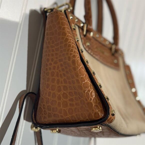 Michael Kors Croc Embossed Canvas Satchel Tote Brown Tan Studded Shoulder Bag - Picture 5 of 10